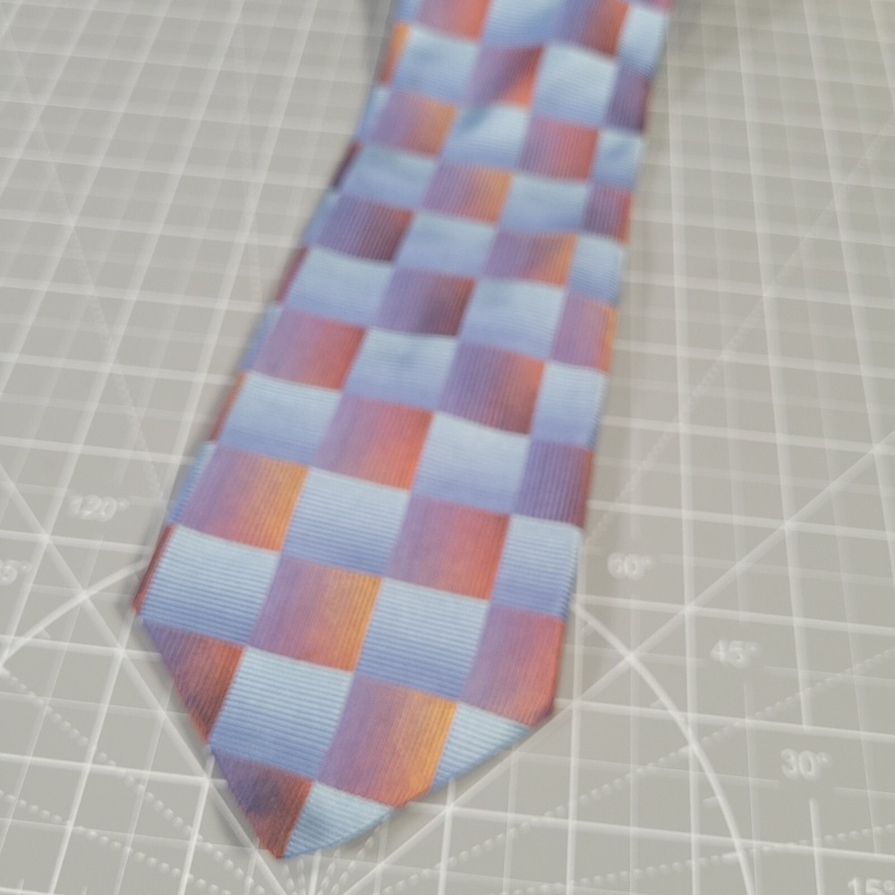 Ted Baker Necktie Blue Gold Squares 100% Silk Wide Heavyweight Made USA